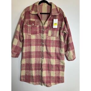 C.CLINE Women's Casual Plaid Shacket Jacket Button‎ Down Tartan Coat Flanne Sz L